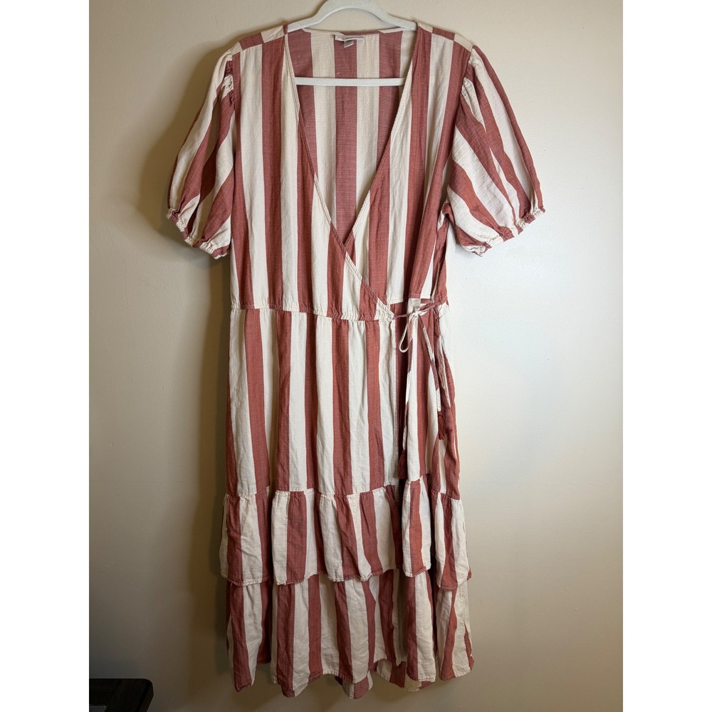 Knox Rose Womens XXL Rust Cream Striped Wrap Tiered Midi Dress Boho